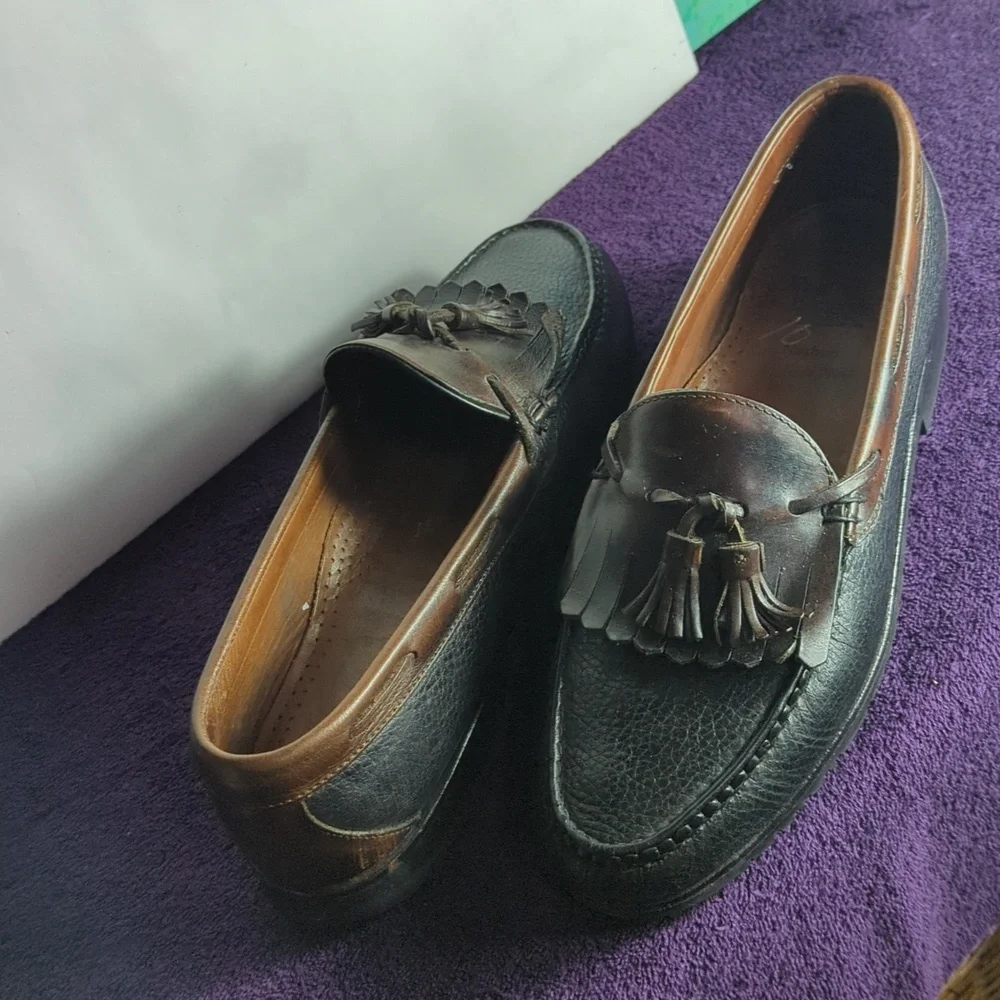 Mens Loafers Dress Shoes 11D Black Brown Leather Boat Lace Allen Edmonds Nashua*